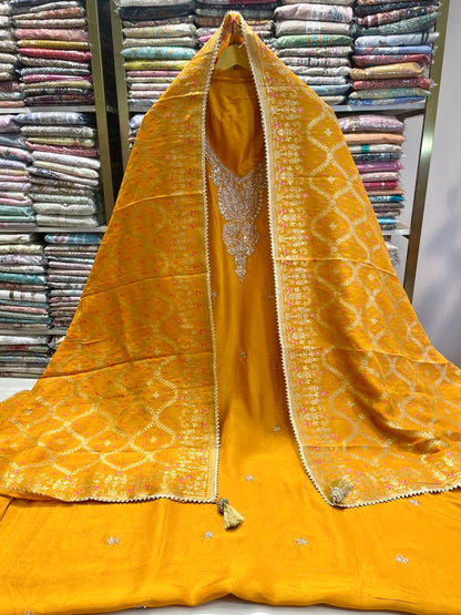 Premium Dola Silk Suit with V-Net Dabka Work & Designer Dupatta