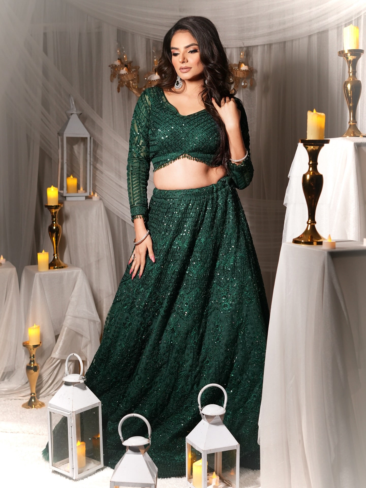 Bottle Green Embellished Lehenga