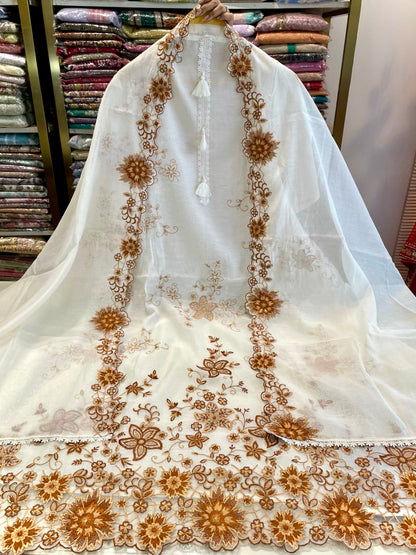 Mul Cotton Unstitched Suit with Resham Work & Lace Border Dupatta
