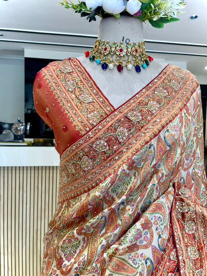 Graceful Modal Crape Saree with Position Print & Handwork