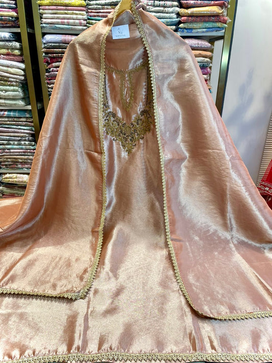Premium Tissue Suit with V-Neck Dabka Work