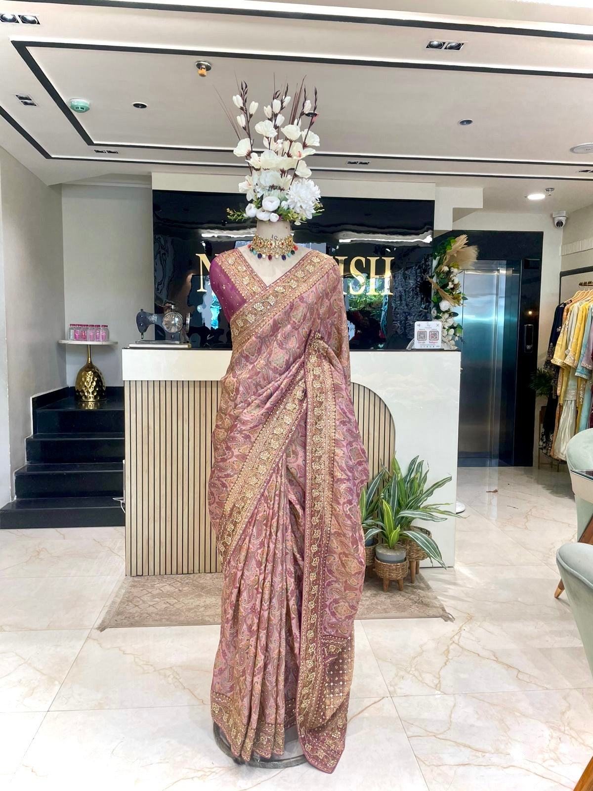 Graceful Modal Crape Saree with Position Print & Handwork