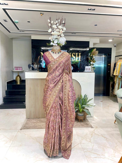 Graceful Modal Crape Saree with Position Print & Handwork