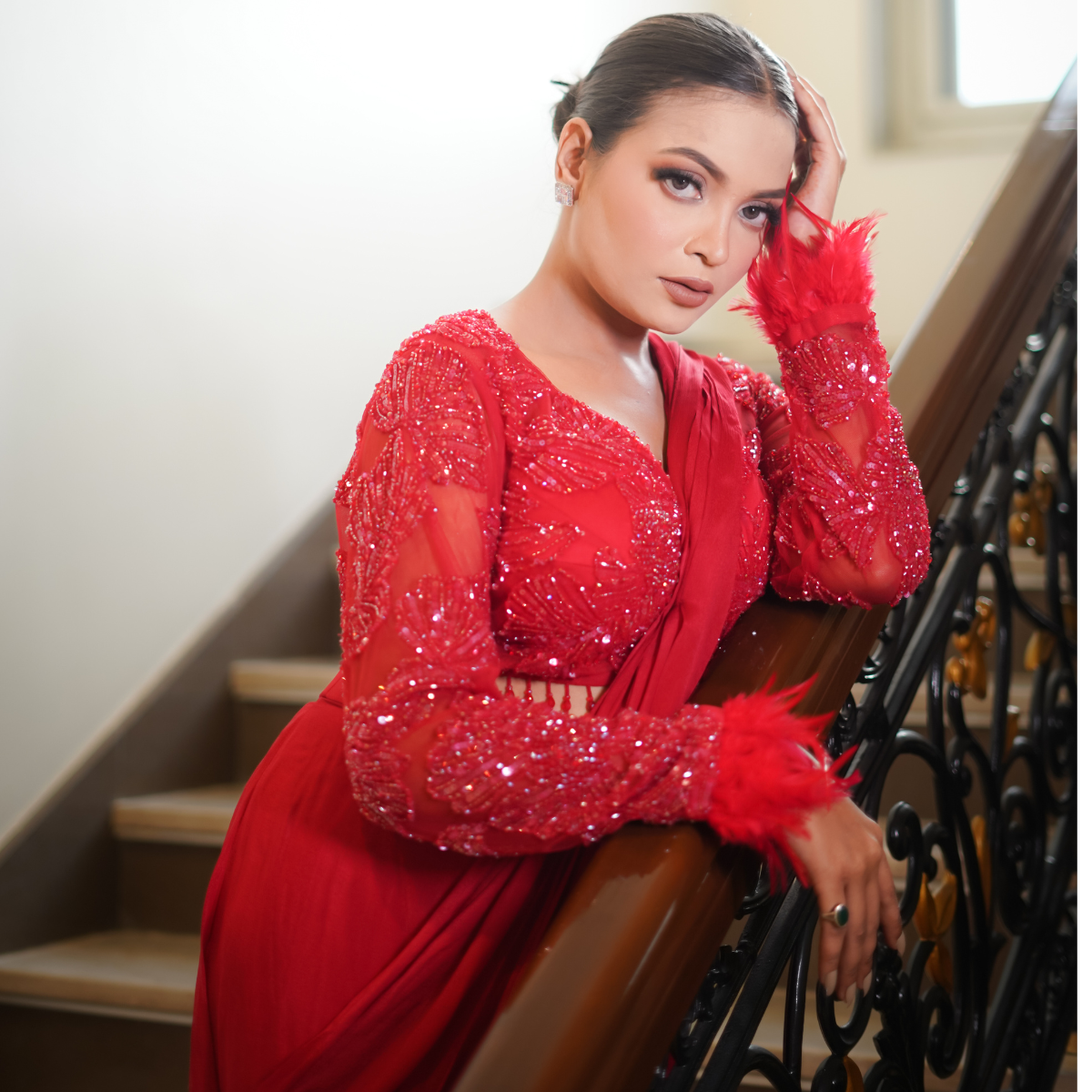 Red Drape Saree with Fur Details