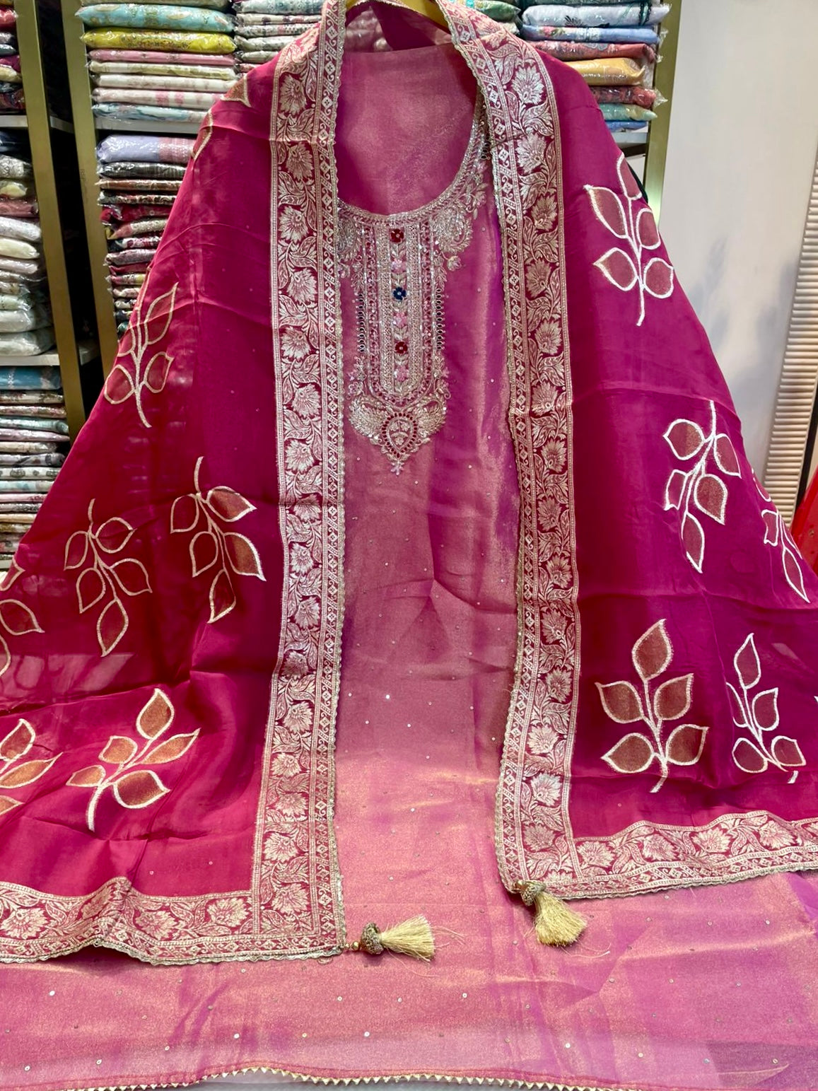 Premium Tissue Suit with V-Neck Dabka Work & Banarsi Zari Dupatta