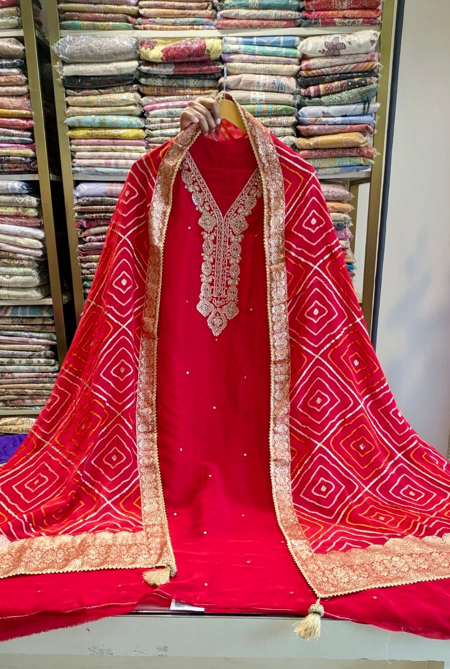 Premium Upada Silk Suit with Handwork Neck & Khaddi Dupatta