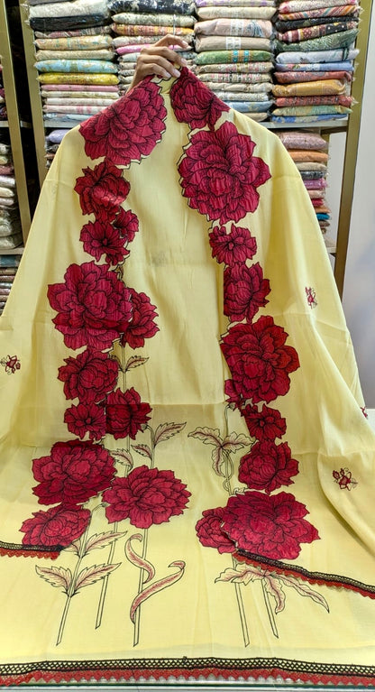 Mul Mul Unstitched Suit with Patch Work & Matching Dupatta