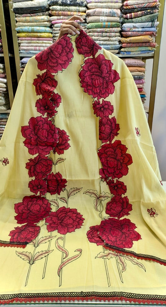 Mul Mul Unstitched Suit with Patch Work & Matching Dupatta