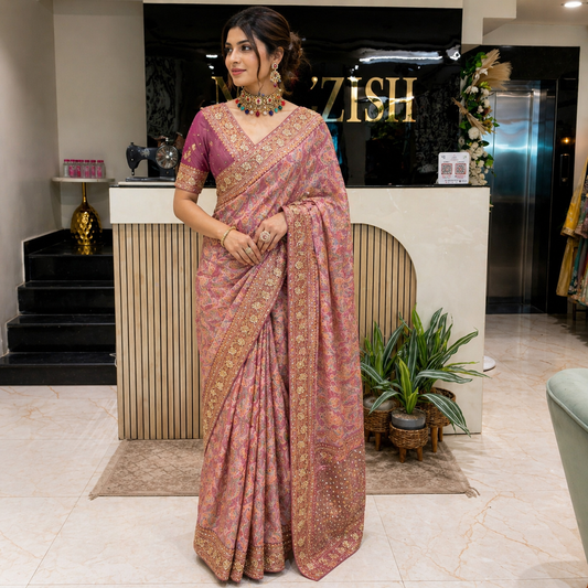 Graceful Modal Crape Saree with Position Print & Handwork
