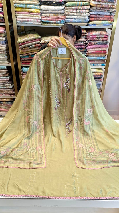 Green Muslin Unstitched Suit with Handwork Highlight & Designer Dupatta