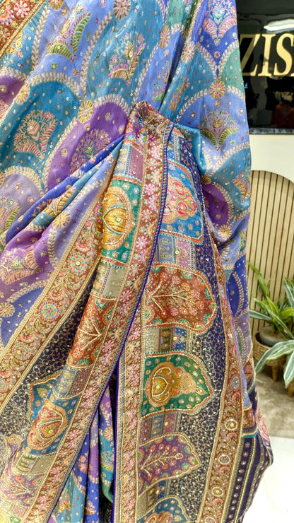 Elegant Modal Crape Saree with Position Print & Handwork