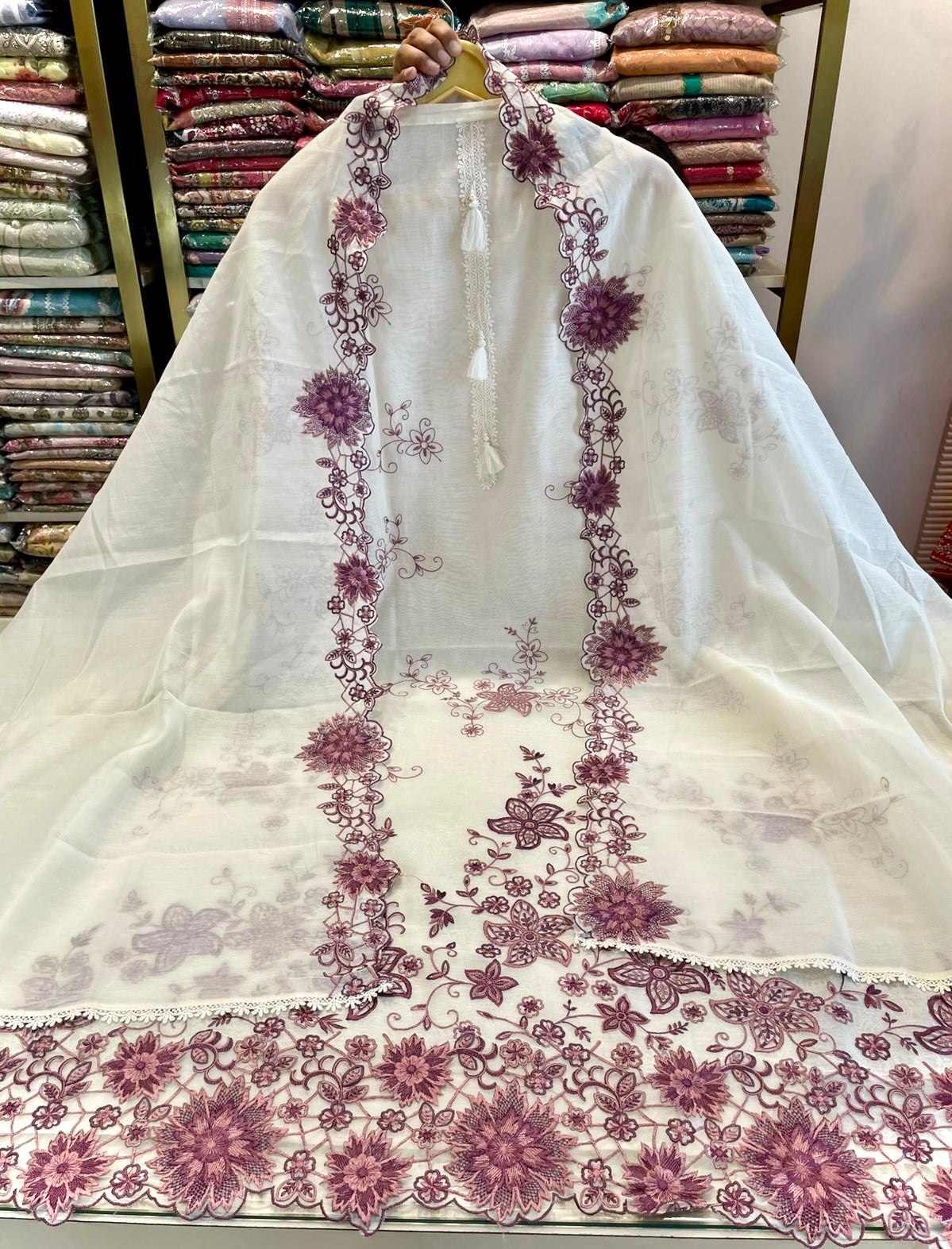 Mul Cotton Unstitched Suit with Resham Work & Lace Border Dupatta