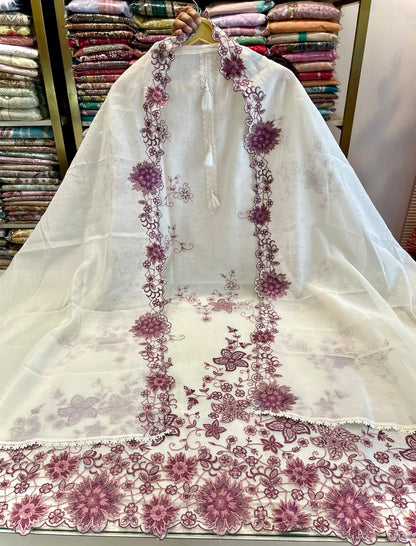 Mul Cotton Unstitched Suit with Resham Work & Lace Border Dupatta