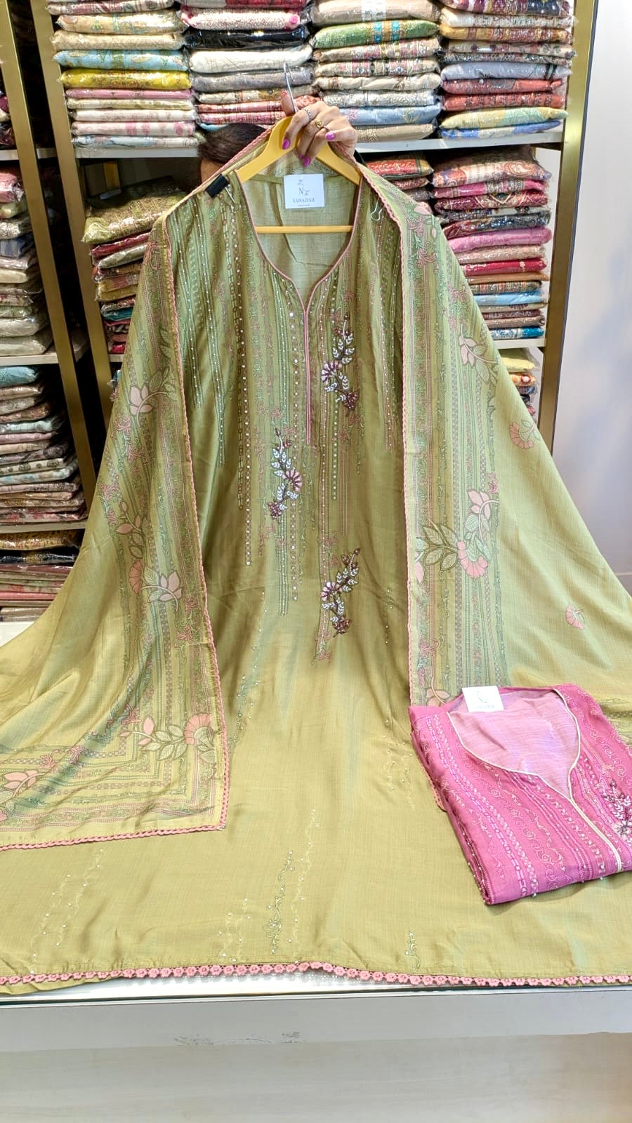 Green Muslin Unstitched Suit with Handwork Highlight & Designer Dupatta