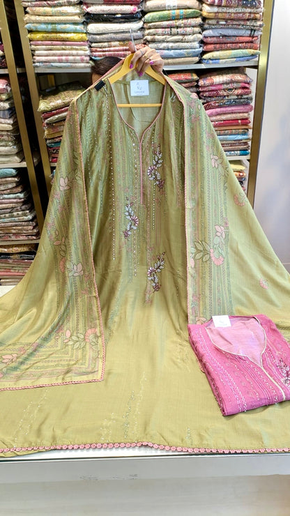 Green Muslin Unstitched Suit with Handwork Highlight & Designer Dupatta