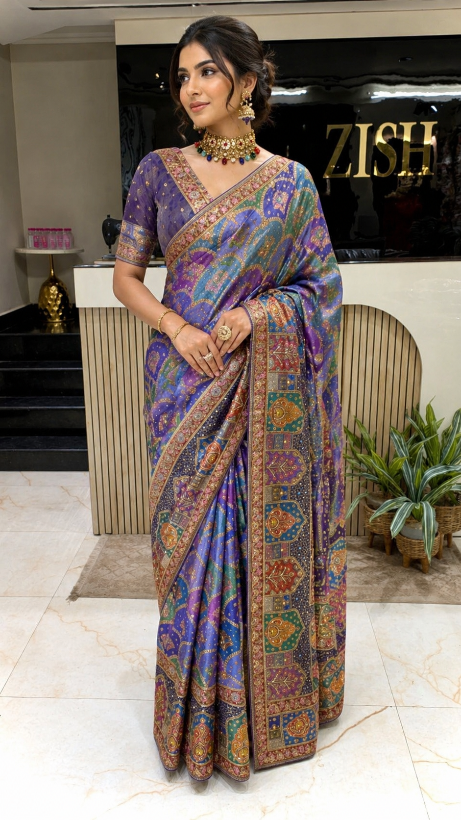 Elegant Modal Crape Saree with Position Print & Handwork