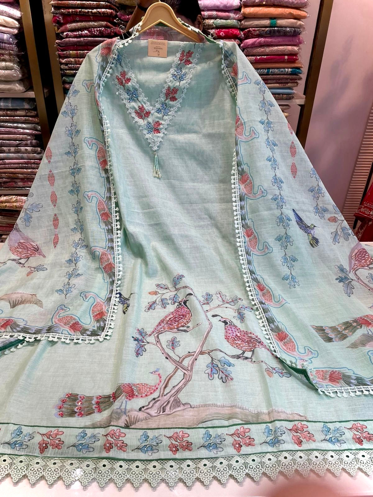 Linen Suit with Bird Motif