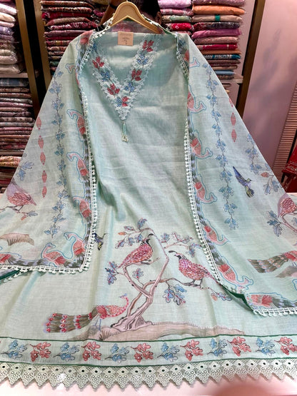Linen Suit with Bird Motif