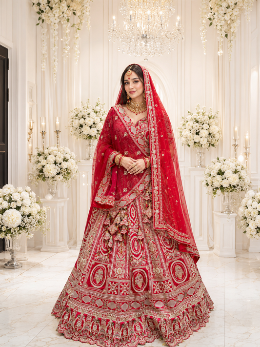 Red Raw Silk Bridal Lehenga
Zari Dabka Work Bridal Lehenga
Heavy Embroidered Wedding Lehenga
Designer Bridal Lehenga with Two Dupattas
Katdana Sequins Bridal Lehenga India