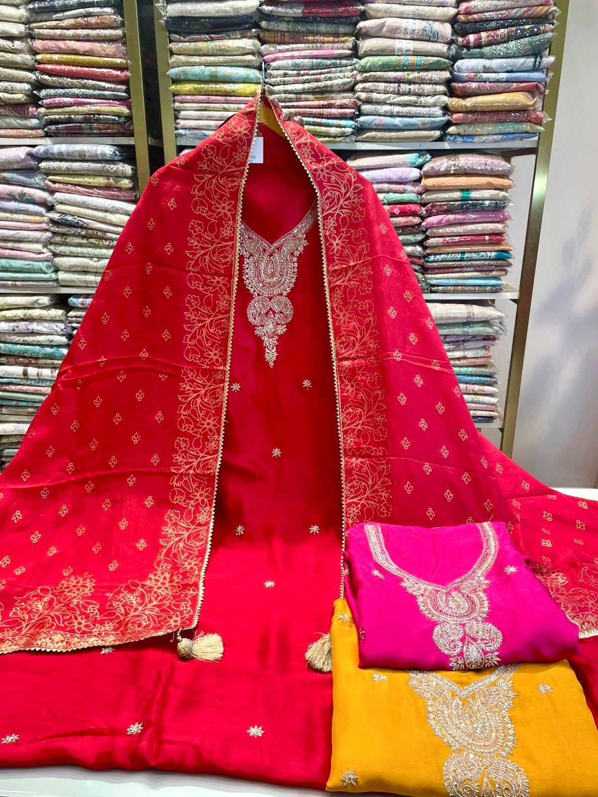 Premium Dola Silk Suit with V-Net Dabka Work & Designer Dupatta