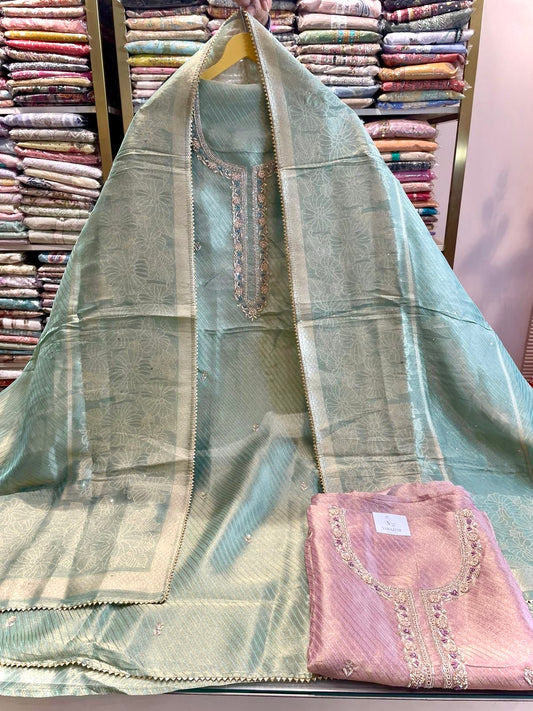 Premium Tissue Silk Unstitched Suit with Hand Work & Matching Dupatta
Designer Tissue Silk Suit Set in Sea Green & Lavender with Upara Silk Bottom
Elegant Tissue Silk Dress Material with Hand Work for Festive and Party Wear
Luxury Unstitched Tissue Silk Suit with Stylish Dupatta and Upara Silk Bottom
Festive Wear Tissue Silk Suit with Hand Work for Weddings and Special Occasions