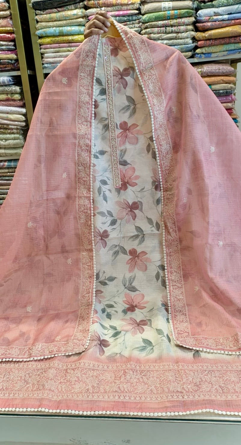 Kota Suit with Floral Print & Border Dupatta