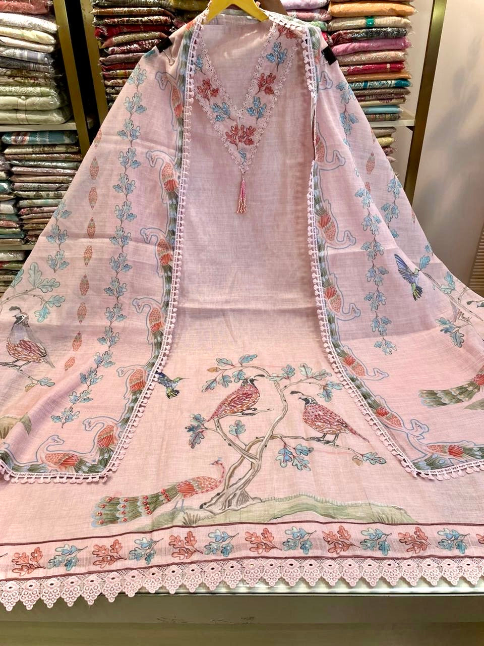 Linen Suit with Bird Motif