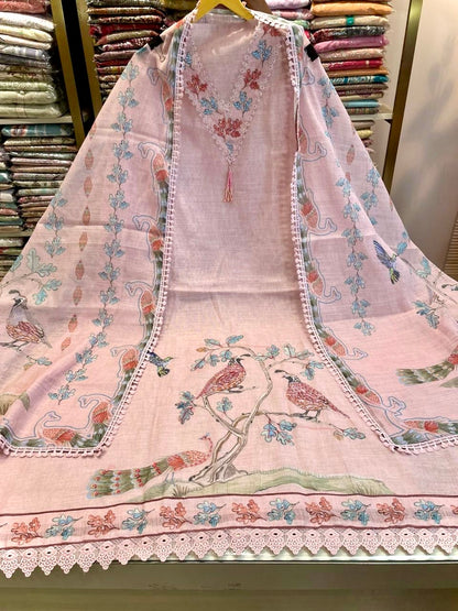 Linen Suit with Bird Motif