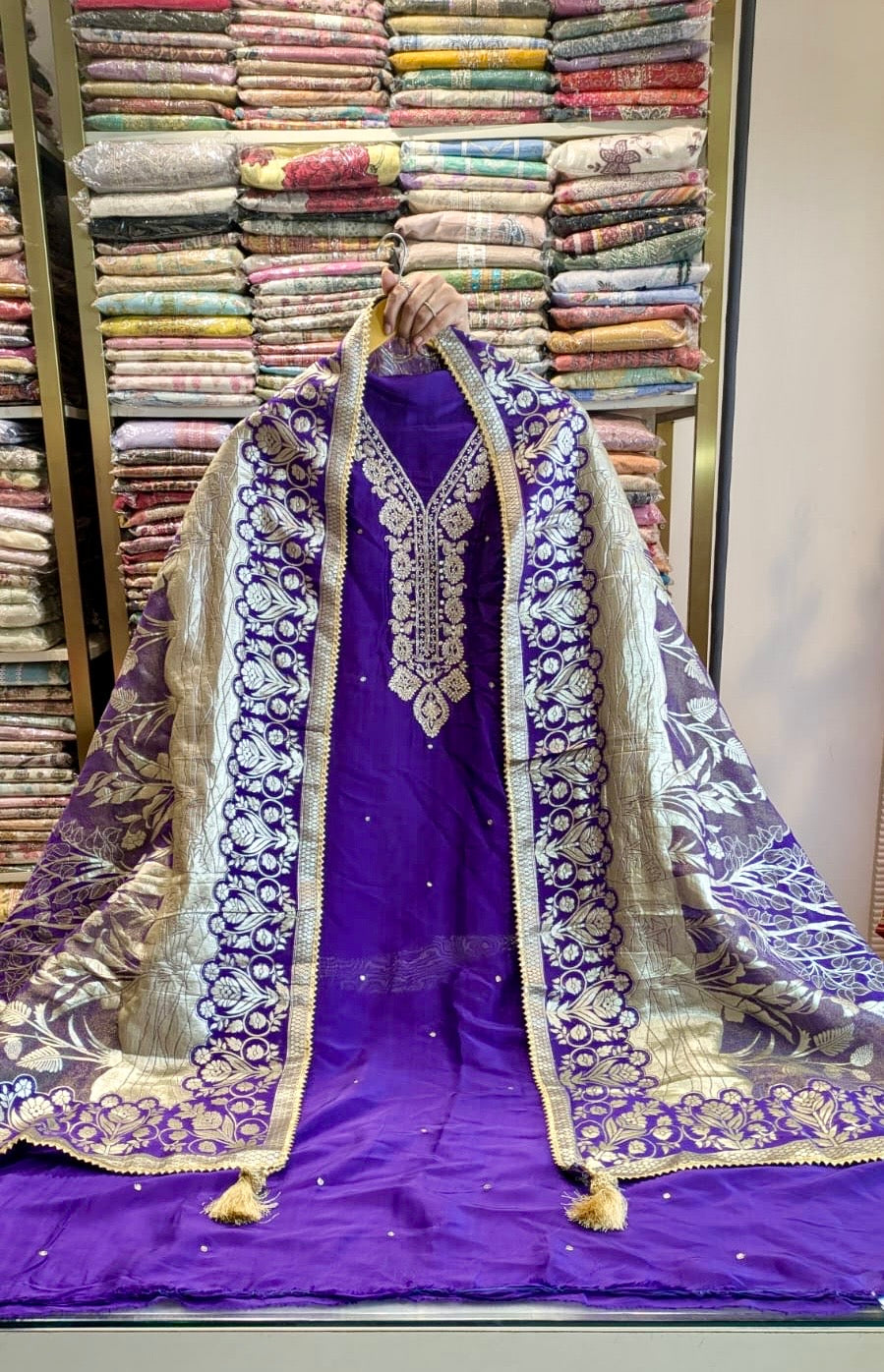 Premium Upada Silk Suit with Handwork Neck & Khaddi Dupatta
