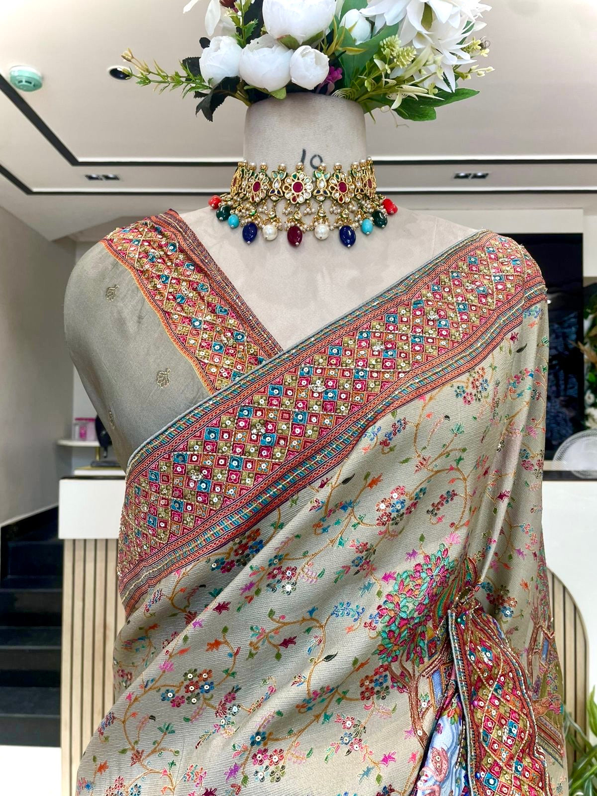 Elegant Pista Green Kashmiri Kanni Work Saree with Katdana Work