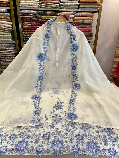 Mul Cotton Unstitched Suit with Resham Work & Lace Border Dupatta