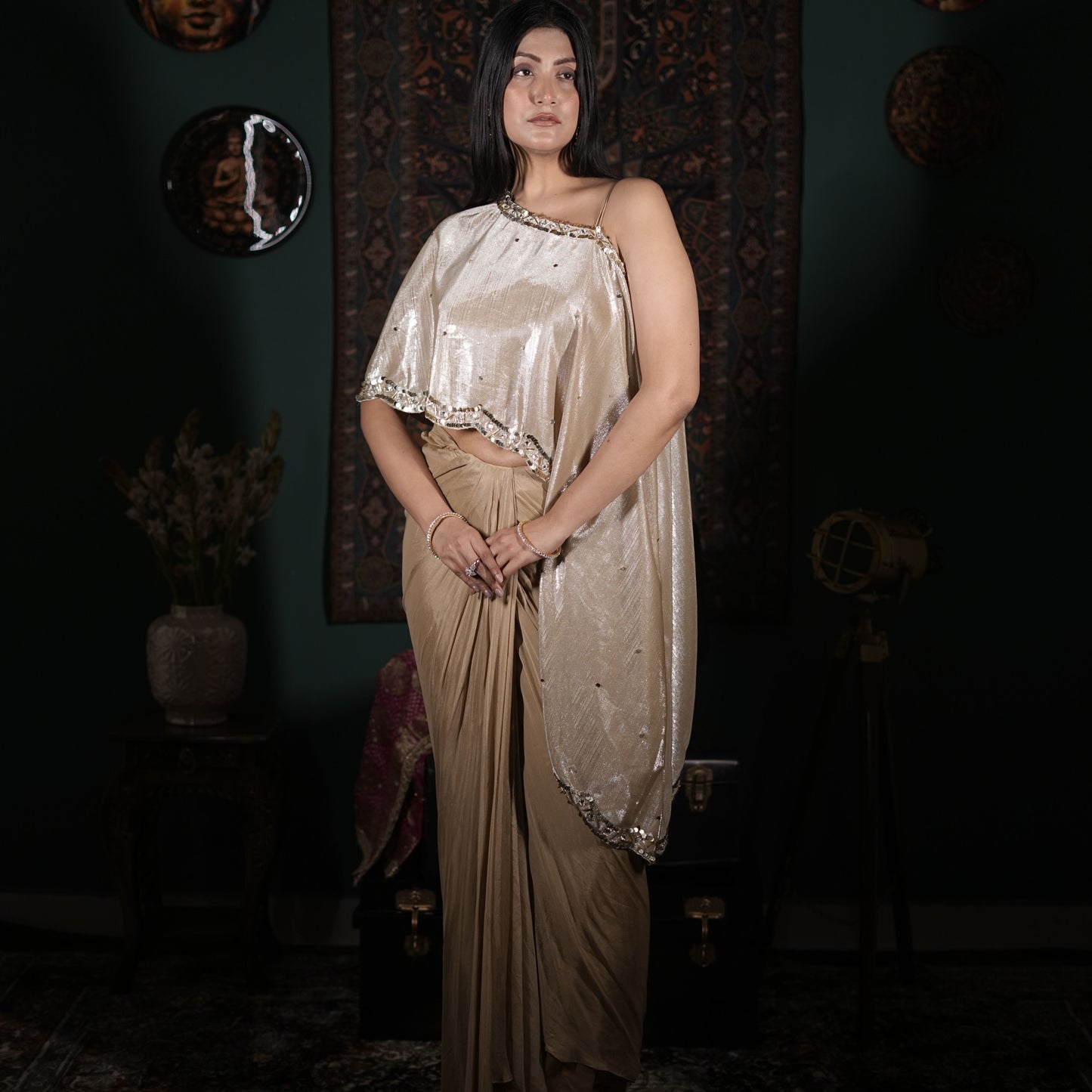 Champagne Gold Indo-Western Draped Saree Set