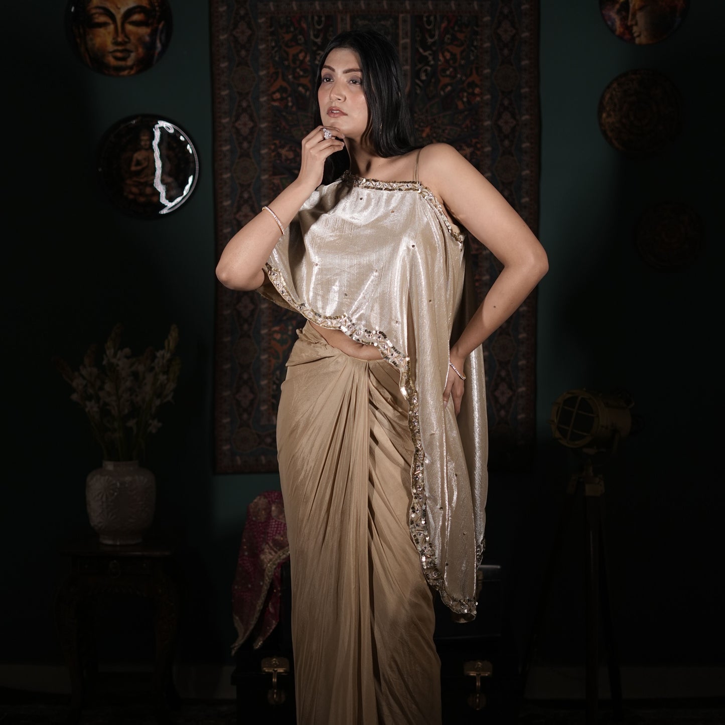 Champagne Gold Indo-Western Draped Saree Set