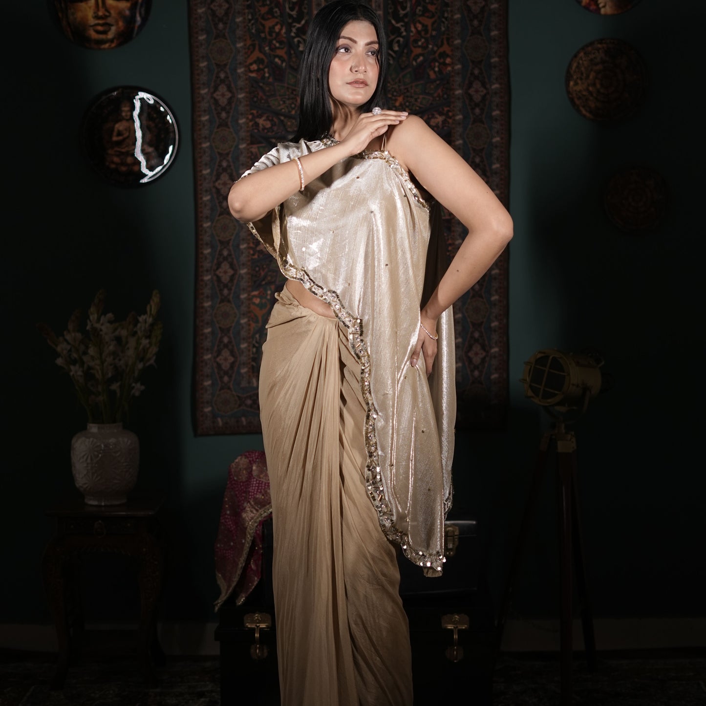Indo Western Draped Saree
One Shoulder Saree Set
Cape Style Saree Outfit
Cocktail Party Saree Look
Designer Pre Draped Saree India