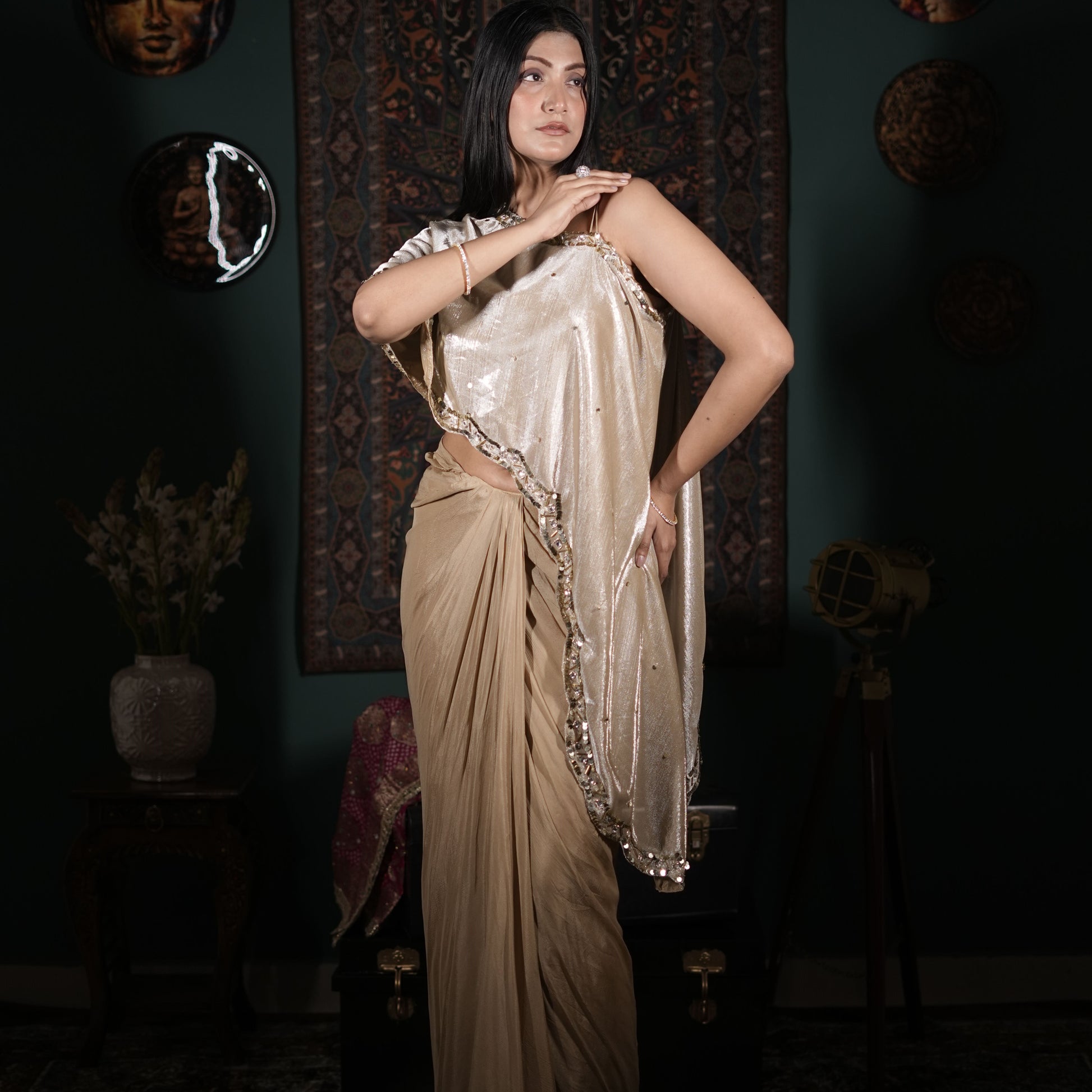 Indo Western Draped Saree
One Shoulder Saree Set
Cape Style Saree Outfit
Cocktail Party Saree Look
Designer Pre Draped Saree India
