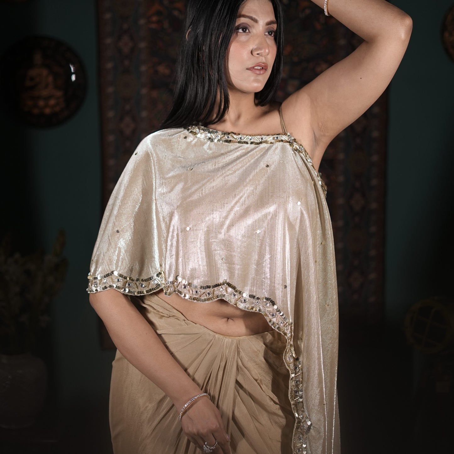 Champagne Gold Indo-Western Draped Saree Set