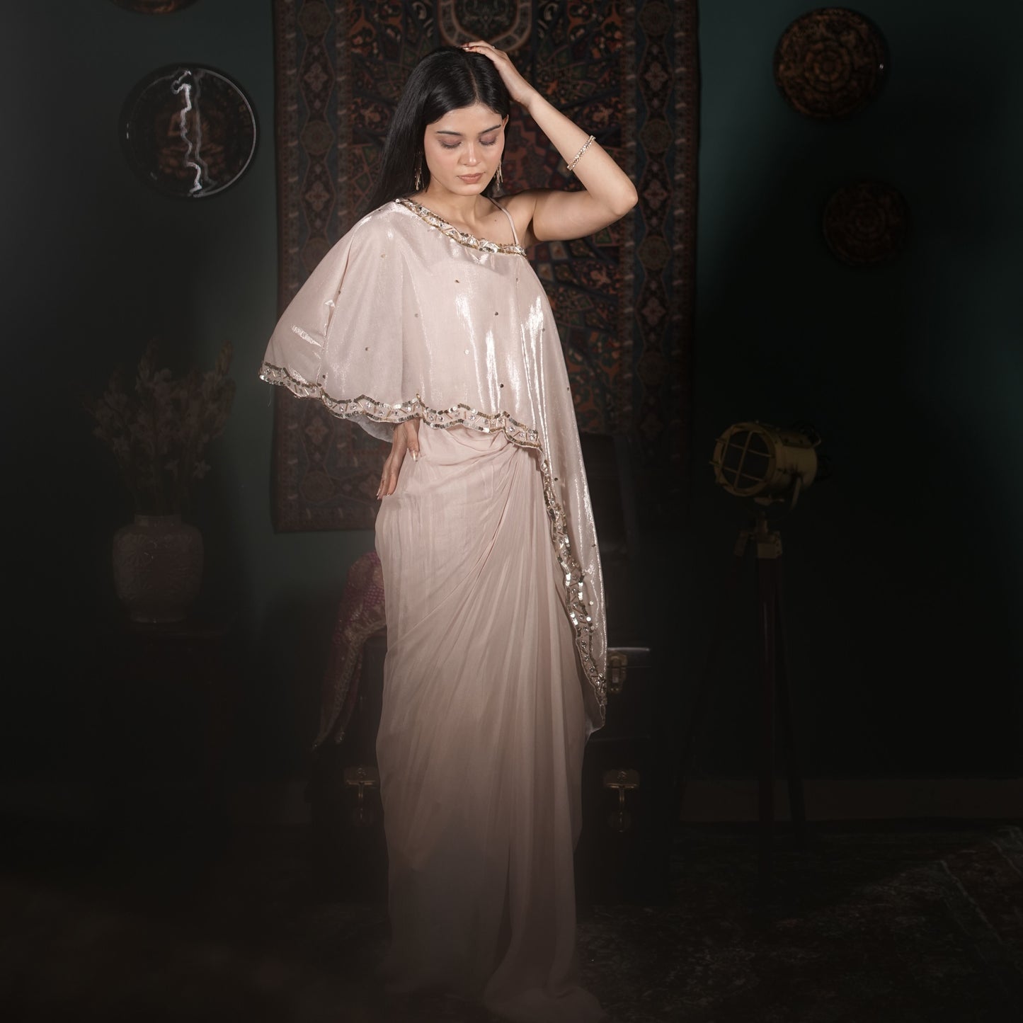 Champagne Gold Indo-Western Draped Saree Set