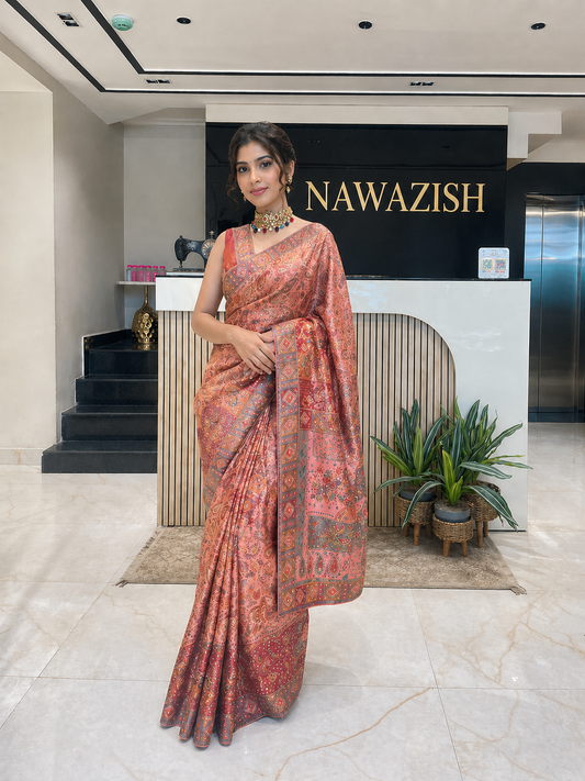 Gajri Pink Tissue Saree
Designer Tissue Saree with Handwork
Position Print Saree Online
Party Wear Tissue Saree for Women
Festive Wear Pink Saree with Blouse