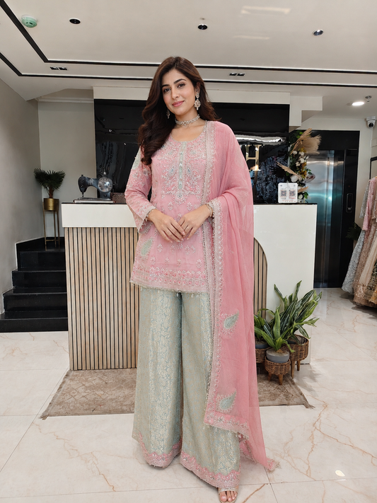 Pink & Blue Farshi Salwar Set
Designer Tissue Farshi Suit
Wedding Wear Farshi Salwar
Resham Zari Kutdana Suit
Luxury Ethnic Wear