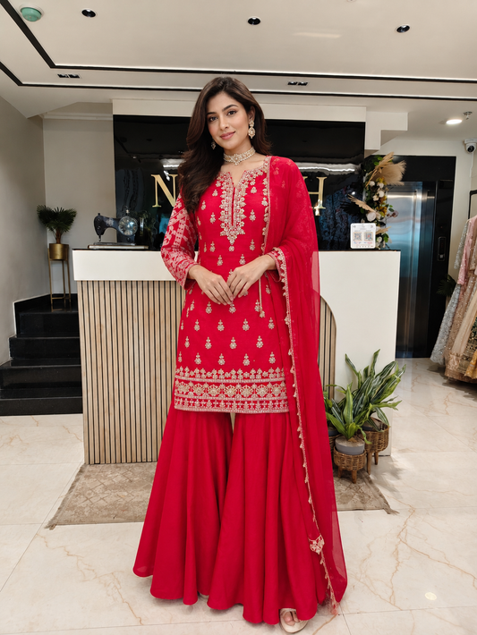 Red Silk Kurta Sharara Set
Designer Sharara Suit
Dori Cutdana Work Suit
Wedding Wear Sharara Set
Luxury Ethnic Wear