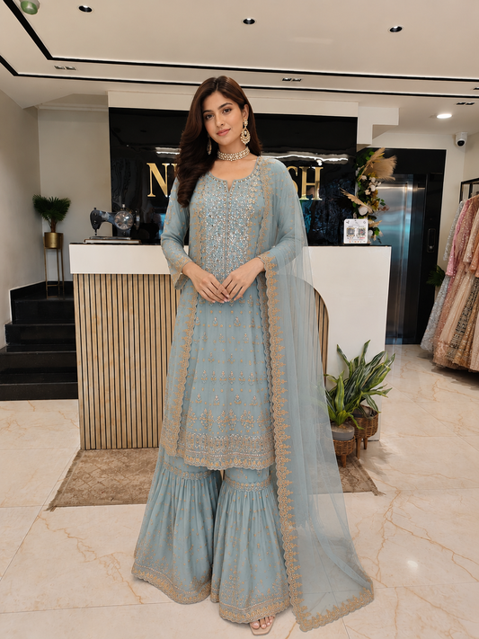 Sea Green Long Kurta Sharara Set
Designer Georgette Sharara Suit
Kutdana Mirror Work Sharara Set
Wedding Wear Long Kurta Set
Luxury Ethnic Wear