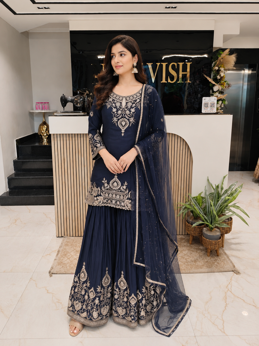 Navy Blue Chinon Sharara Set
Designer Sharara Suit
Wedding Wear Sharara
Festive Party Wear Ethnic Set
Chinon Designer Suit