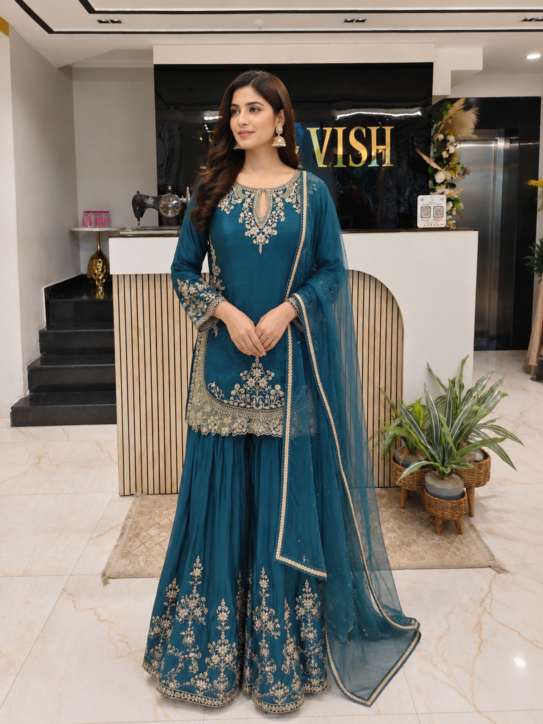 Teal Blue Chinon Sharara Set
Designer Sharara Suit
Wedding Wear Sharara
Festive Party Wear Ethnic Set
Chinon Designer Suit