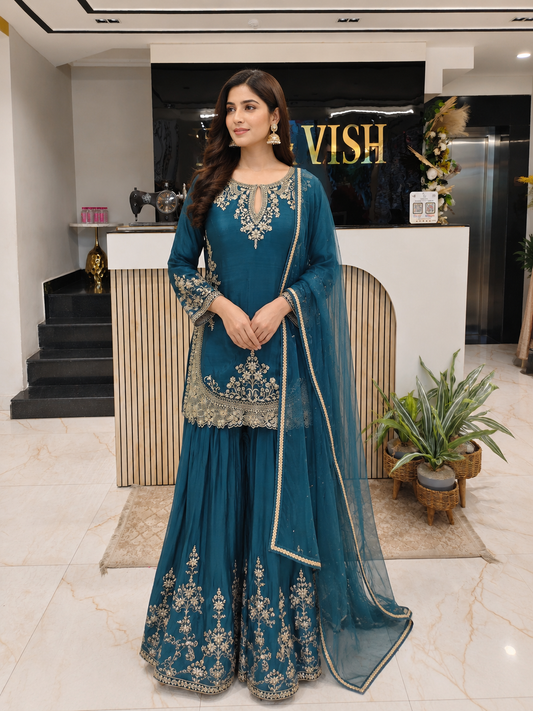 Teal Blue Chinon Sharara Set
Designer Sharara Suit
Wedding Wear Sharara
Festive Party Wear Ethnic Set
Chinon Designer Suit
