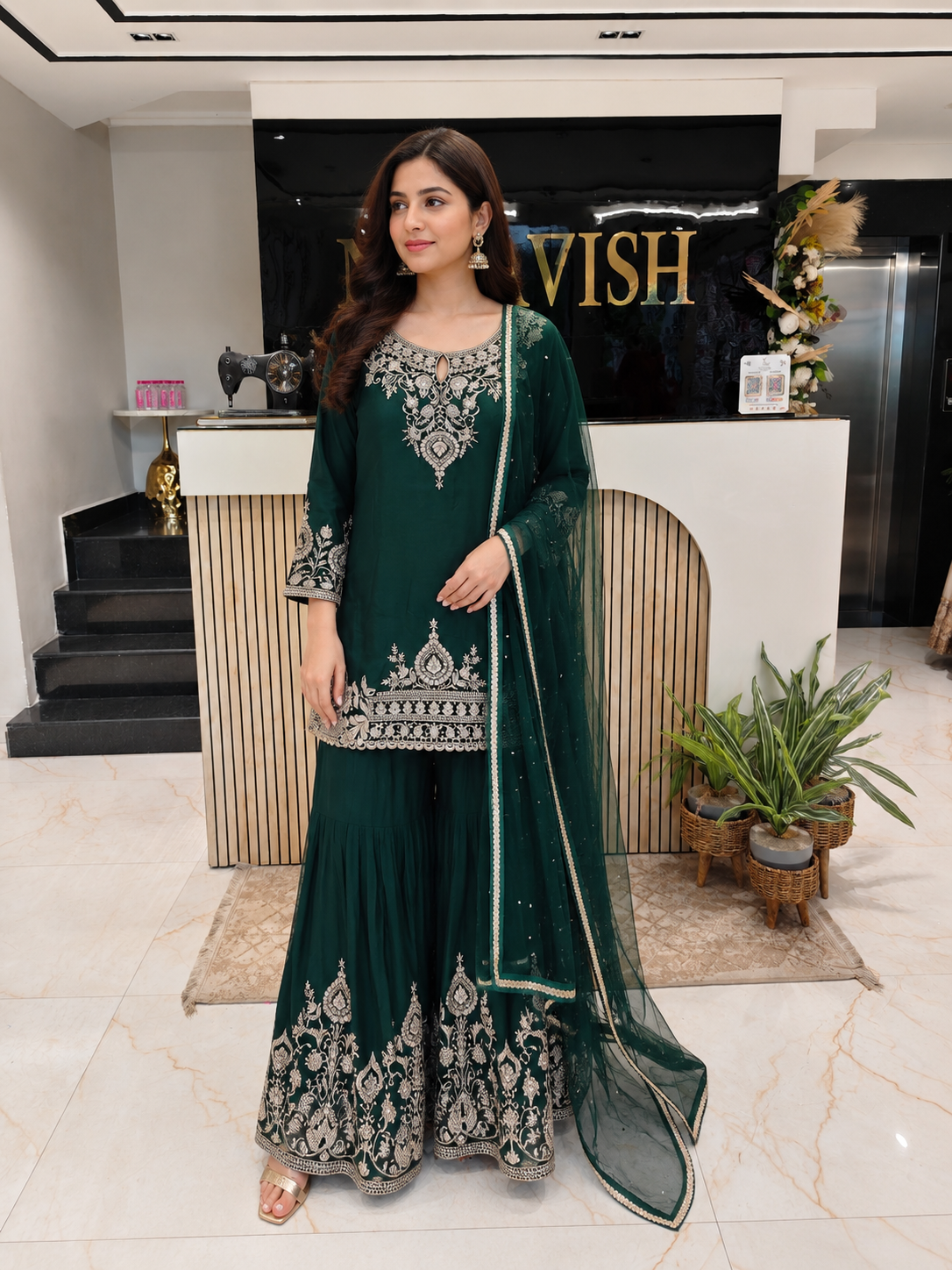 Bottle Green Chinon Sharara Set
Designer Sharara Suit
Wedding Wear Sharara
Festive Party Wear Ethnic Set
Chinon Designer Suit