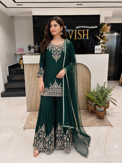 Bottle Green Chinon Sharara Set
Designer Sharara Suit
Wedding Wear Sharara
Festive Party Wear Ethnic Set
Chinon Designer Suit