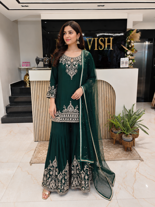 Bottle Green Chinon Sharara Set
Designer Sharara Suit
Wedding Wear Sharara
Festive Party Wear Ethnic Set
Chinon Designer Suit