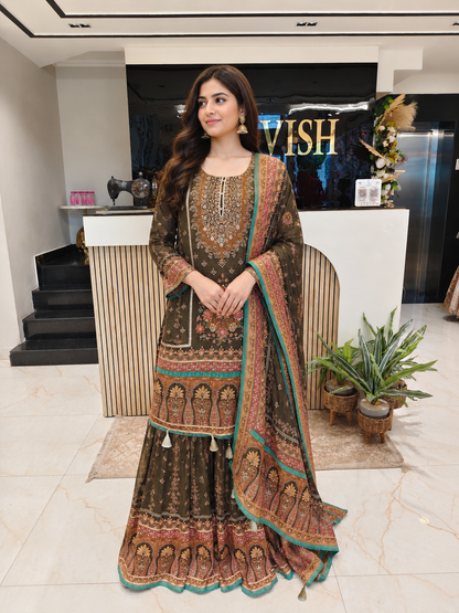 Mehndi Green Tissue Sharara Set
Designer Sharara Suit
Wedding Wear Sharara
Festive Party Wear Ethnic Set
Tissue Designer Suit