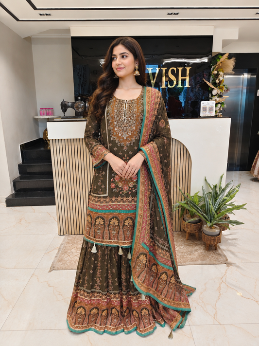 Mehndi Green Tissue Sharara Set
Designer Sharara Suit
Wedding Wear Sharara
Festive Party Wear Ethnic Set
Tissue Designer Suit