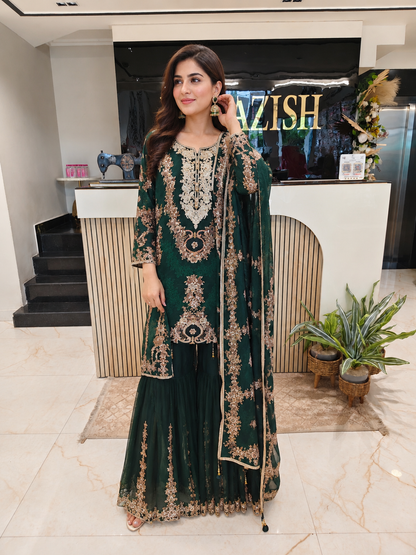 Bottle Green Crepe Sharara Set
Designer Sharara Suit
Wedding Wear Sharara
Festive Party Wear Ethnic Set
Crepe Designer Suit
